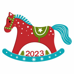 Christmas toy for the Christmas tree rocking horse in vintage style with a symbol of the New Year. Vector illustration isolated on a white background.