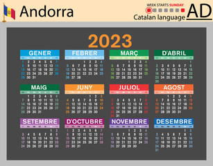 Catalan horizontal pocket calendar for 2023. Week starts Sunday