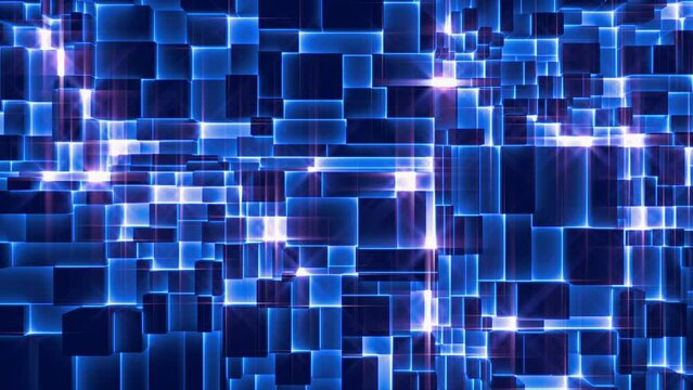 Looped geometric background of different cubes in blue toning. 3d render.