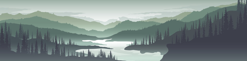 Mountain panorama .pine forest and river Nature and fog background vector illustration.
