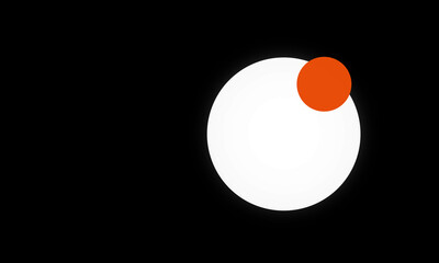 Small red orange circle on the edge of big white circle on black background. Minimal simple stylish graphic abstraction in Asian style. Red spot color accent. Conceptual idea of food, space, science.