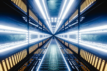 3D Illustration. Illuminated futuristic corridor. Futuristic corridor in space station.