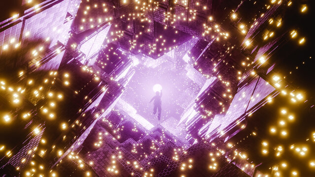 Space abstract tunnel with floating astronaut at corridor to the star. Multiverse concept. 3d render