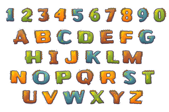 Cartoon dinosaur style alphabet. Font from letters and numbers covered in dinosaur skin. Dino lettering. Isolated objects for books, textile, cards. Vector cartoon style.