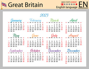 Fototapeta na wymiar English horizontal pocket calendar for 2023. Week starts Sunday