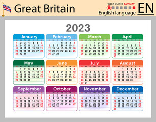 English horizontal pocket calendar for 2023. Week starts Sunday