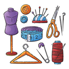 Handmade crafts. Collection creative accessories, consumables and tools, hobbies workshop items. Sewing machine, yarn. Set objects for embroidery, sewing and knitting. Vector hand drawn illustration.