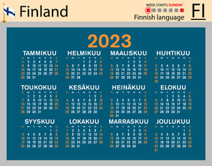 Finnish horizontal pocket calendar for 2023. Week starts Sunday