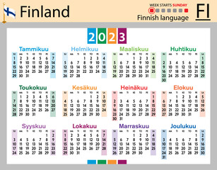 Finnish horizontal pocket calendar for 2023. Week starts Sunday