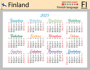 Finnish horizontal pocket calendar for 2023. Week starts Sunday
