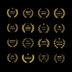 Obraz premium Award laurel wreath. Movie winner, premium quality and certification guaranteed golden emblem with olive branch heraldic element. Vector victory symbol set