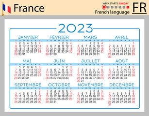 French horizontal pocket calendar for 2023. Week starts Sunday