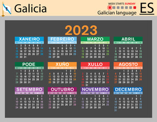 Galician horizontal pocket calendar for 2023. Week starts Sunday