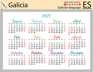 Galician horizontal pocket calendar for 2023. Week starts Sunday