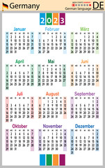 German vertical pocket calendar for 2023. Week starts Sunday