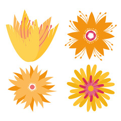 Set of yellow orange groovy flowers. Folk flowers. Abstract orange flowers