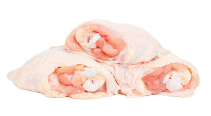 Raw chicken thigh isolated on white background, pink meat.