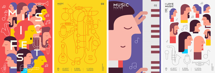 Music poster. Festival, competition. Musical instruments. Pianist. Piano. A set of vector illustrations. Minimalistic design. Cover, print, banner, flyer. © Molibdenis-Studio