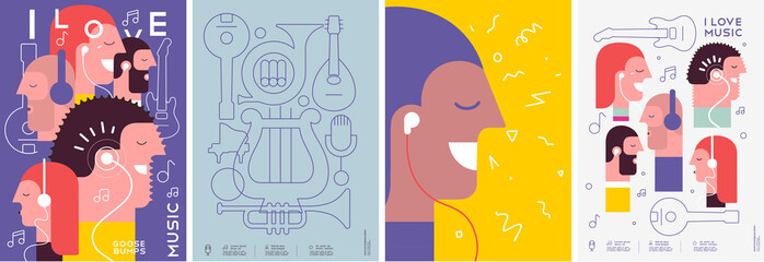 Music poster. Festival, competition. Musical instruments. People listen to music.A set of vector illustrations. Minimalistic design. Cover, print, banner, flyer.