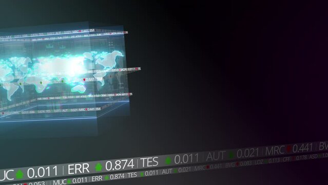 Generic background animation template with  financial theme, ticker with current stock prices and world map