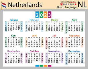 Dutch horizontal pocket calendar for 2023. Week starts Sunday