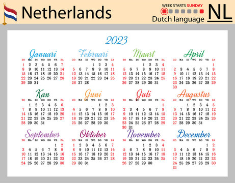Dutch horizontal pocket calendar for 2023. Week starts Sunday