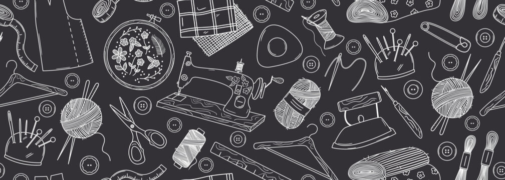 Seamless vector banner with outline doodle sewing elements. Retro machine, embroidery hoop, threads, yarn, fabric, iron, needles. Hand drawn studio background in black and white colors