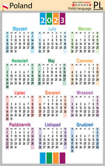 Polish vertical pocket calendar for 2023. Week starts Sunday