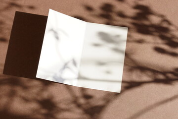 Blank paper sheet card mockup and floral shadow top view on beige  background . Copy space. Flat...