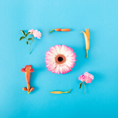 Flower square shape made of pink gerbera daisy, yellow easter lilly, red erica versicolor and pink carnation on bright blue background.  Flat lay perspective, soft light.