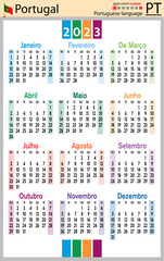 Portuguese vertical pocket calendar for 2023. Week starts Sunday