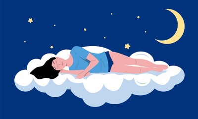 Sleeping person illustration. Cartoon sleeping and dreaming young girl flying in night sky, insomnia or sleep well concept. Vector sleeping woman character background