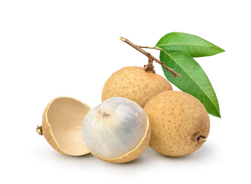 Longan fruit with leaf isolated on white background.