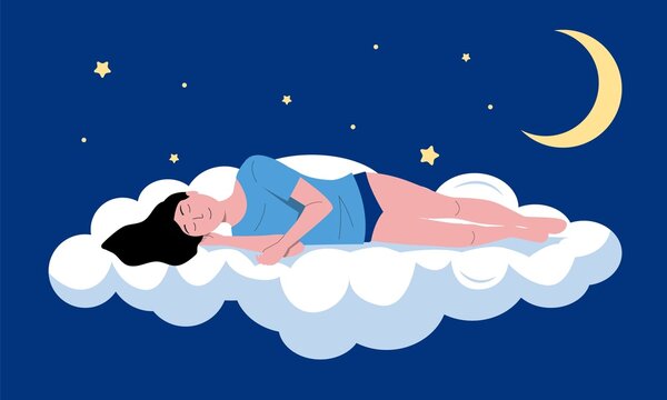 Sleeping person illustration. Cartoon sleeping and dreaming young girl flying in night sky, insomnia or sleep well concept. Vector sleeping woman character background
