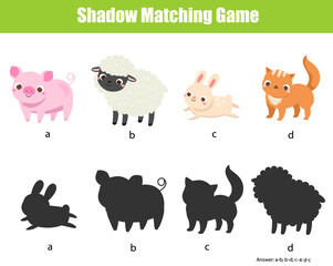 Shadow matching game for children. Kids activity with cute farm animals. Learning page for toddlers