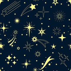 Naklejka premium Starry night pattern. Seamless print with shooting star and falling comet, night sky with cosmos landscape. Vector texture