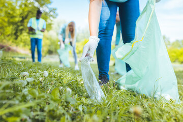 Students clean the local park, collect garbage in bags. On a beautiful sunny day, a group of young...