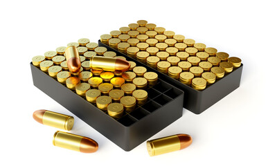 3D Rendering of 9mm bullets with compartment box isolated on white background.