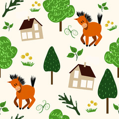 Obraz na płótnie Canvas Cute funny illustration with a red horse. Endless pattern for children's books, printed matter and clothes. Simple vector graphics for kids.