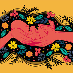 Hands of mom and dad holding a newborn baby among the flower arrangement. Concept of parenthood, new baby, newborn, motherhood and fatherhood. Happy family and new life.
