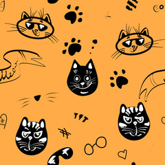 Cute simple illustration, endless pattern with cat faces, black and white colors. Cool cats on an orange background. Pattern for children's things and textiles.