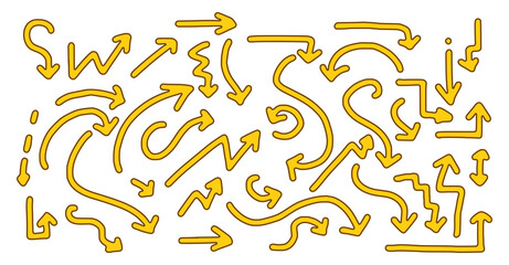 Vector set of doodle style arrows isolated on white background. Cartoon vector illustration of hand drawn arrows.