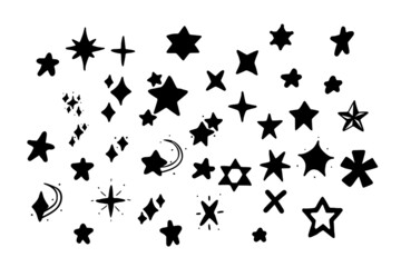 Vector set of stars in doodle style isolated on white background. Glyph vector illustration of hand drawn stars.