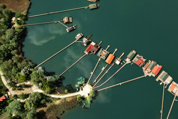 Aerial view of the floating village at Lake Bokodi in Bokod Hungary