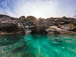 The sea caves on the beach of Milopotamos on the Greek peninsula Pelion