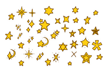 Vector set of stars in doodle style isolated on white background. Cartoon vector illustration of hand drawn stars.