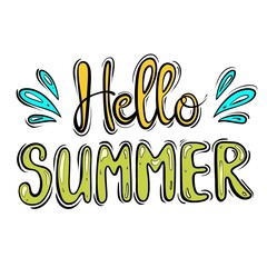 Hello summer lettering colored doodle on a white background