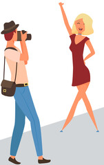Professional male photographer enjoy taking pictures at party or concert. Pretty woman pose, cameraman with digital camera. Photo for social media, beautiful girl model in studio makes portfolio