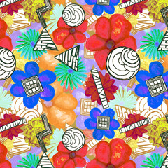 Watercolor pattern colorful flower garden and geometry on beige background for your seamless design, hand drawn illustration