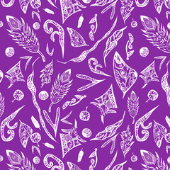 Watercolor pattern white leaves and feathers on a pink background for your seamless design, hand drawn illustration